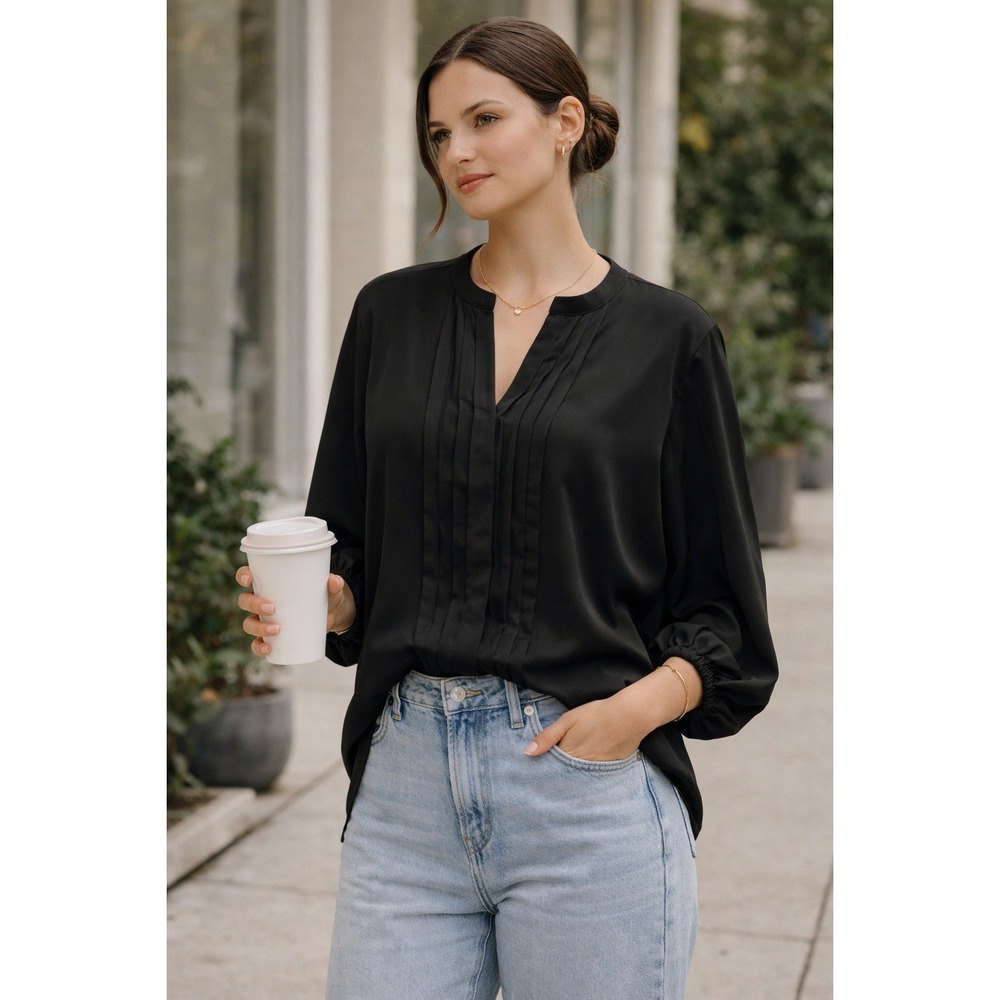 NEXX New York Black Blouse XL Pleated Front Minimal‎ Chic Flowy Top